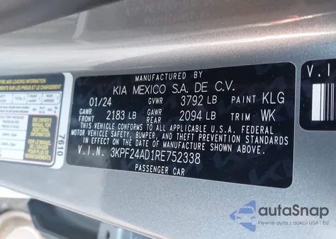 2024 Kia Forte Lxs z USA, uszkodzony, nr VIN 3KPF24AD1RE752338